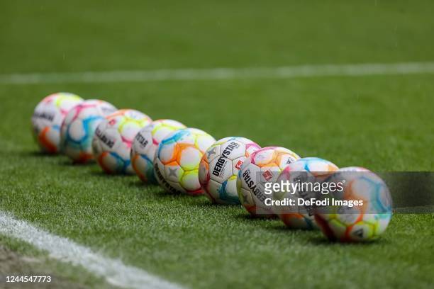 Balls are on the field prior to the Bundesliga match between FC Augsburg and Eintracht Frankfurt at WWK-Arena on November 5, 2022 in Augsburg,...