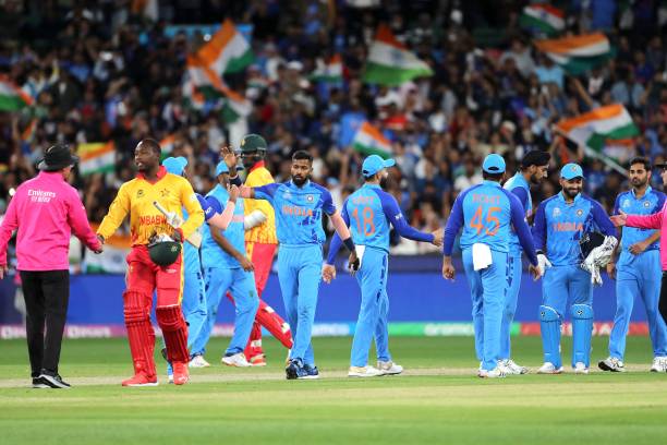 India's players celebrate their win during the ICC men's Twenty20 World Cup 2022 cricket match between India and Zimbabwe at Melbourne Cricket Ground...
