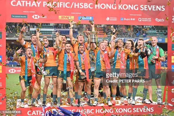 Australia celebrate their win in the Cup final against Fiji at the Hong Kong Sevens rugby tournament on November 6, 2022.