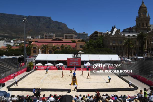 View of the court, Table Mountain and city centre as Brazil's women take on France's during the 3rd place women's match at the Volleyball World Beach...