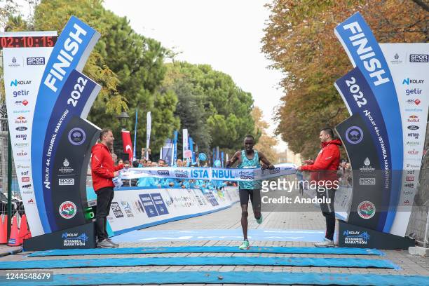 Kenyan athlete Robert Kipkemboi completes the marathon first in the men's category during the 44th Istanbul Marathon, the world's only...