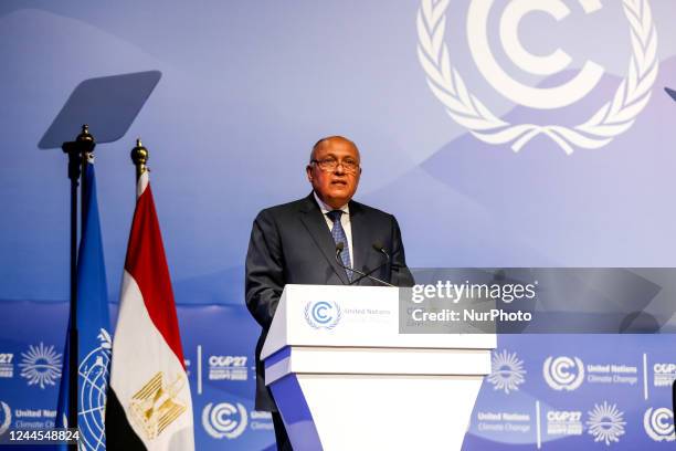 Sameh Shoukry President COP 27 speaks during the Opening Ceremony on the first day of the COP27 UN Climate Change Conference, held by UNFCCC in Sharm...