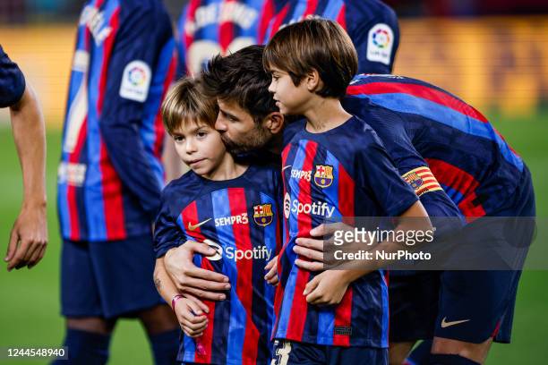 Farewell to Gerard Pique of FC Barcelona in his last game at Camp Nou playing with his sons Sasha Pique Mebarak and Milan Pique Mebarak during the La...
