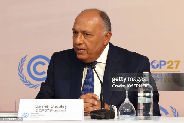 President Sameh Shoukry speaks during a press conference following the opening ceremony of the 2022 United Nations Climate Change Conference, more...
