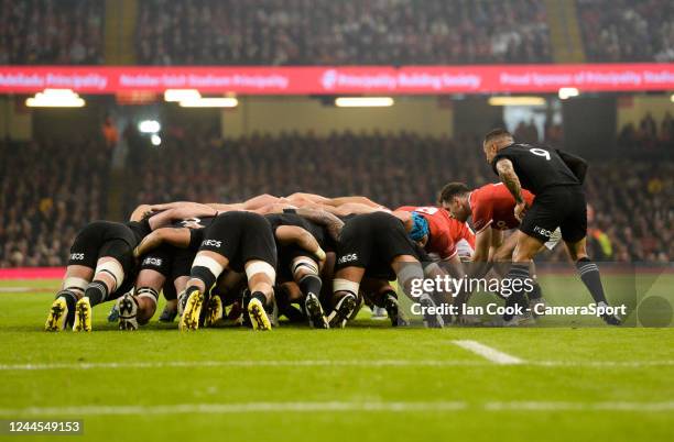 Wales's Tomos Williams places the ball into the scrum during the Autumn International match between Wales and New Zealand at Principality Stadium on...