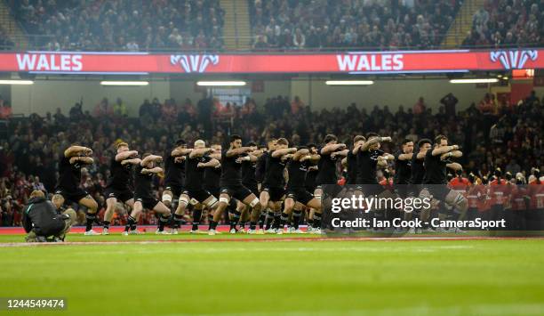 New Zealand preform the Haka prior to kick off during the Autumn International match between Wales and New Zealand at Principality Stadium on...