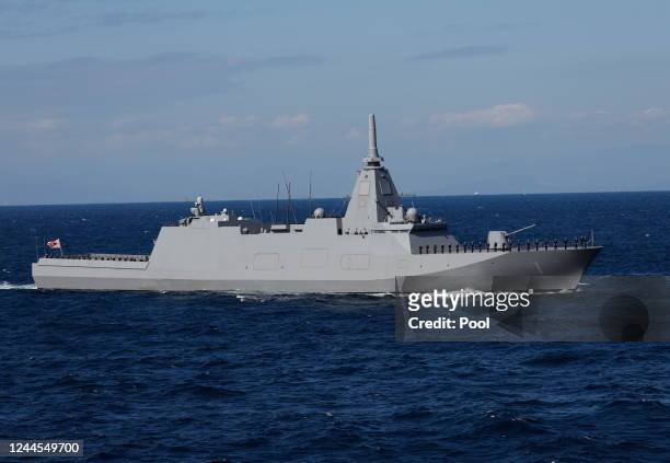 The Japan Maritime Self-Defence Force stealth frigate JS Mogami participates in an International Fleet Review commemorating the 70th anniversary of...
