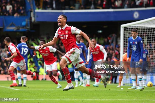 William Saliba of Arsenal celebrates after the opening goal during the Premier League match between Chelsea FC and Arsenal FC at Stamford Bridge on...