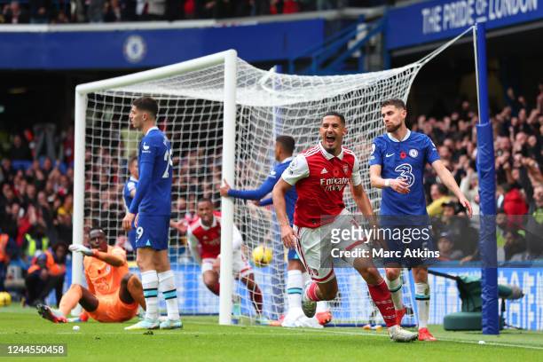 William Saliba of Arsenal celebrates after the opening goal during the Premier League match between Chelsea FC and Arsenal FC at Stamford Bridge on...