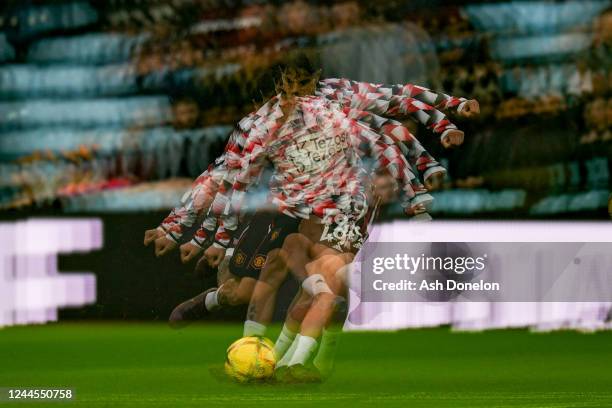 Alejandro Garnacho of Manchester United warms up prior to the Premier League match between Aston Villa and Manchester United at Villa Park on...