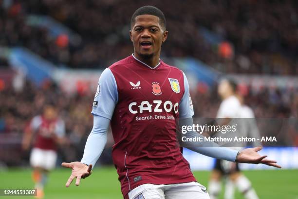 Leon Bailey of Aston Villa celebrates after scoring a goal to make it 1-0 during the Premier League match between Aston Villa and Manchester United...