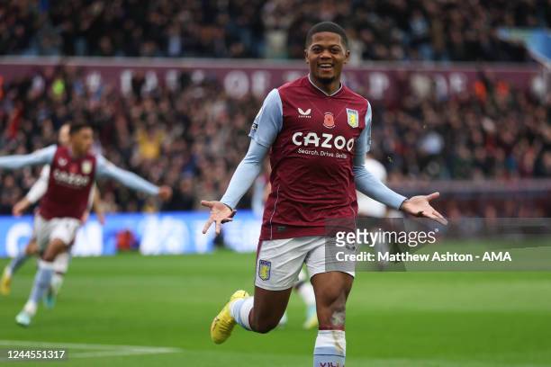 Leon Bailey of Aston Villa celebrates after scoring a goal to make it 1-0 during the Premier League match between Aston Villa and Manchester United...