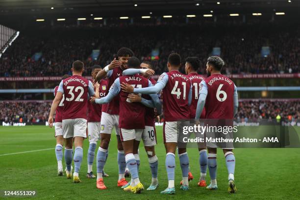 Leon Bailey of Aston Villa celebrates after scoring a goal to make it 1-0 during the Premier League match between Aston Villa and Manchester United...