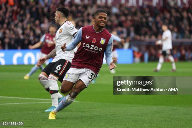 Leon Bailey of Aston Villa celebrates after scoring a goal to make it 1-0 during the Premier League match between Aston Villa and Manchester United...