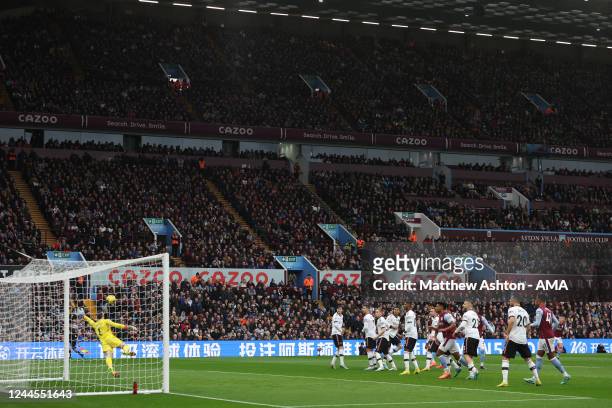 Lucas Digne of Aston Villa scores a goal to make it 2-0 during the Premier League match between Aston Villa and Manchester United at Villa Park on...