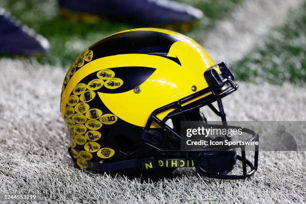 General view of a Michigan Wolverines helmet prior to the college football game against the Rutgers Scarlet Knights on November 5, 2022 at SHI...