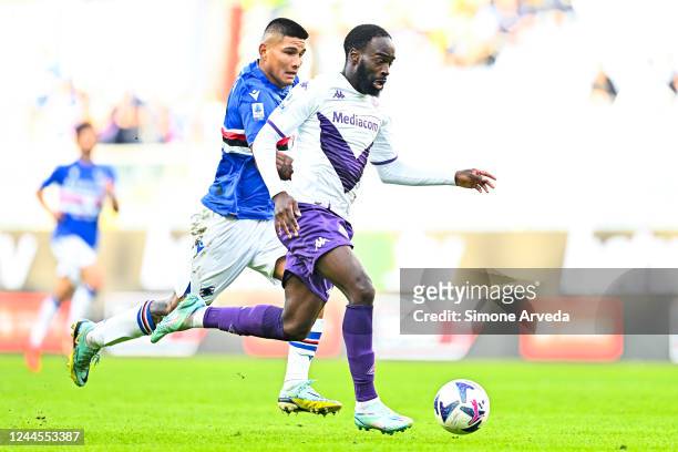 Jonathan Ikoné of Fiorentina and Bruno Amione of Sampdoria vie for the ball during the Serie A match between UC Sampdoria and ACF Fiorentina at...