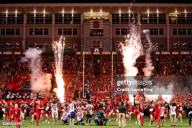 General view as players of the North Carolina State Wolfpack take the field prior to their game against the Wake Forest Demon Deacons at...