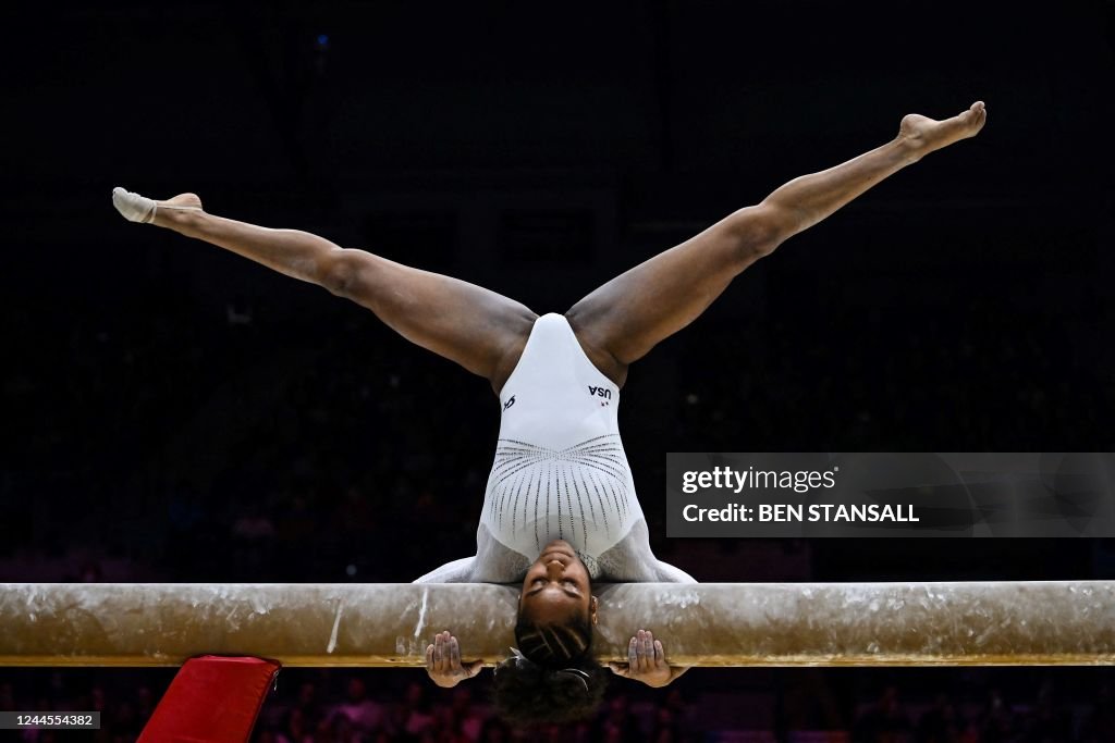 USA's Skye Blakely competes during the Women's Balance Beam final at