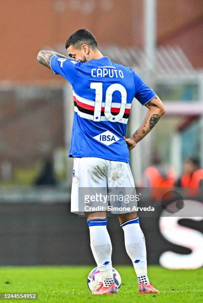 Francesco Caputo of Sampdoria reacts with disappointment after Nikola Milenkovic of Fiorentina has scored a goal during the Serie A match between UC...