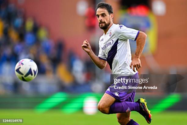 Giacomo Bonaventura of Fiorentina is seen in action during the Serie A match between UC Sampdoria and ACF Fiorentina at Stadio Luigi Ferraris on...