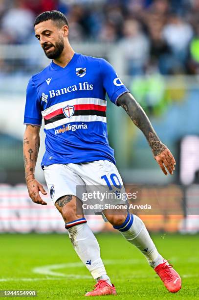 Francesco Caputo of Sampdoria reacts with disappointment during the Serie A match between UC Sampdoria and ACF Fiorentina at Stadio Luigi Ferraris on...