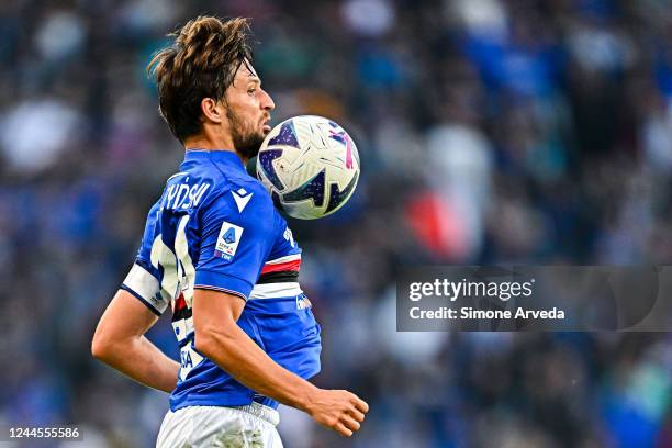 Bartosz Bereszynski of Sampdoria is seen in action reacts during the Serie A match between UC Sampdoria and ACF Fiorentina at Stadio Luigi Ferraris...