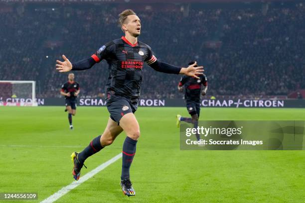 Luuk de Jong of PSV celebrates 0-1 during the Dutch Eredivisie match between Ajax v PSV at the Johan Cruijff Arena on November 6, 2022 in Amsterdam...