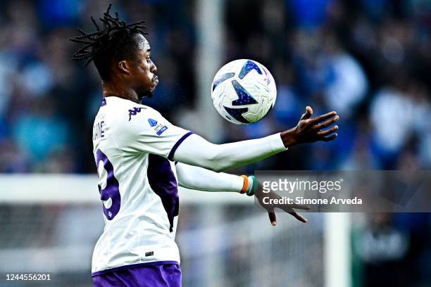 Christian Kouamé of Fiorentina is seen in action reacts during the Serie A match between UC Sampdoria and ACF Fiorentina at Stadio Luigi Ferraris on...