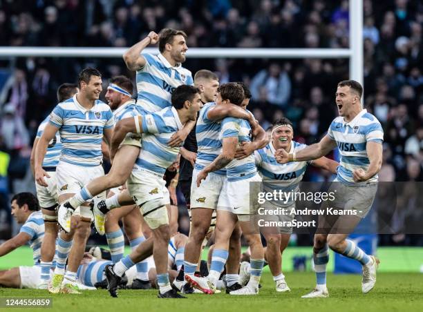 Argentina players celebrate victory at the end of the match during the Autumn International match between England and Argentina at Twickenham Stadium...