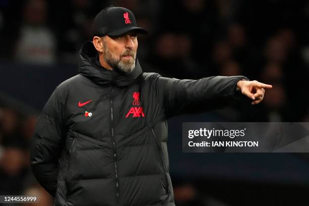 Liverpool's German manager Jurgen Klopp gestures on the touchline during the English Premier League football match between Tottenham Hotspur and...