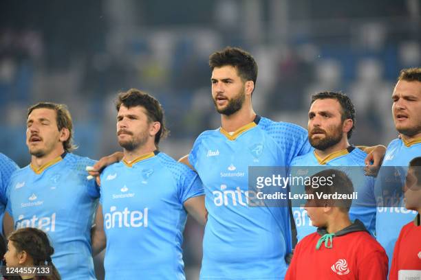 Uruguay national team players stand for the national anthem during the Autumn International match between Georgia and Uruguay at Dinamo Arena on...