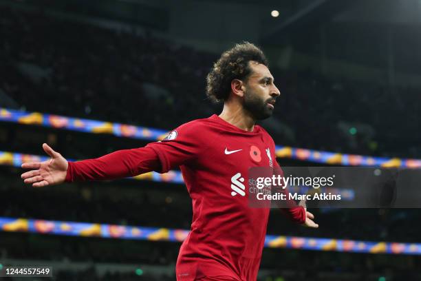 Mohamed Salah of Liverpool celebrates scoring the 2nd goal during the Premier League match between Tottenham Hotspur and Liverpool FC at Tottenham...