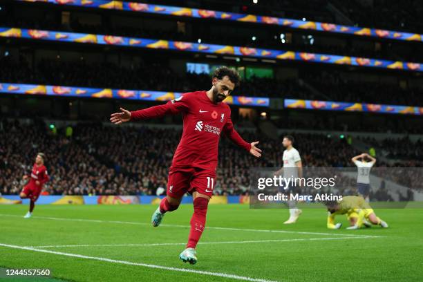 Mohamed Salah of Liverpool celebrates scoring the 2nd goal during the Premier League match between Tottenham Hotspur and Liverpool FC at Tottenham...