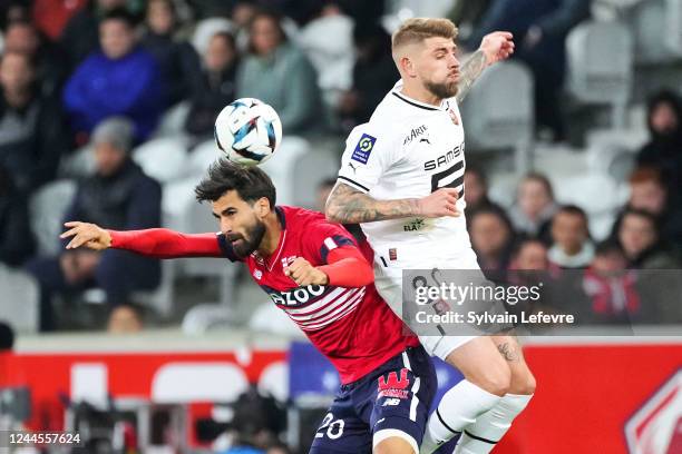 Andre Filipe Tavares Gomes of Lille OSC competes for the ball with Xeka of Stade Rennais during the Ligue 1 match between Lille OSC and Stade Rennes...