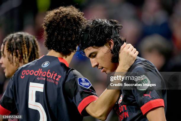 Erick Gutierrez of PSV celebrates 0-2 with Andre Ramalho of PSV during the Dutch Eredivisie match between Ajax v PSV at the Johan Cruijff Arena on...