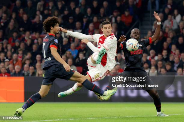 Lorenzo Lucca of Ajax scores the thirth goal to make it 1-2 during the Dutch Eredivisie match between Ajax v PSV at the Johan Cruijff Arena on...