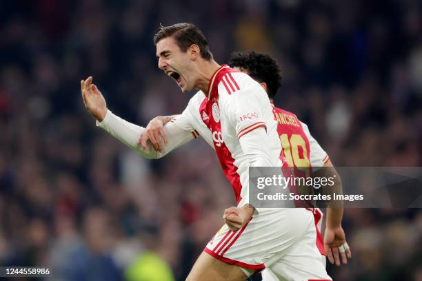 Lorenzo Lucca of Ajax celebrates 1-2 during the Dutch Eredivisie match between Ajax v PSV at the Johan Cruijff Arena on November 6, 2022 in Amsterdam...