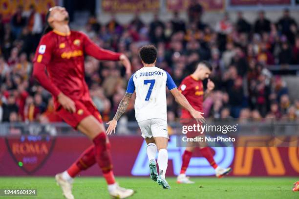 Felipe Anderson of SS Lazio celebrates after scoring his side first goal during the Serie A match between AS Roma and SS Lazio at Stadio Olimpico,...