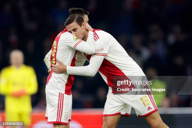 Lorenzo Lucca of Ajax celebrates 1-2 with Steven Berghuis of Ajax during the Dutch Eredivisie match between Ajax v PSV at the Johan Cruijff Arena on...