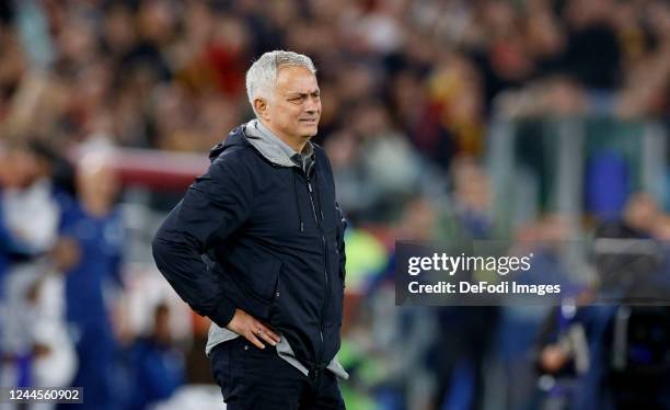 Jose Mourinho Head Coach of AS Roma looks dejected during the Serie A match between AS Roma and SS Lazio at Stadio Olimpico on November 6, 2022 in...