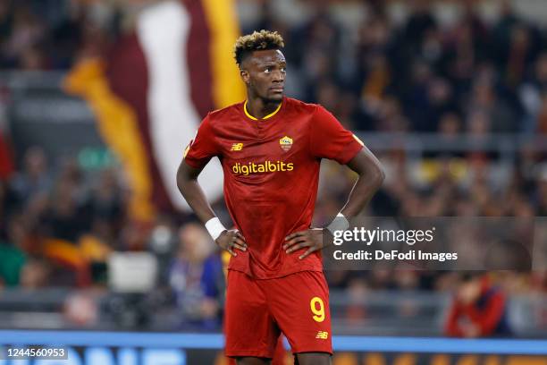 Tammy Abraham of AS Roma looks dejected during the Serie A match between AS Roma and SS Lazio at Stadio Olimpico on November 6, 2022 in Rome, Italy.