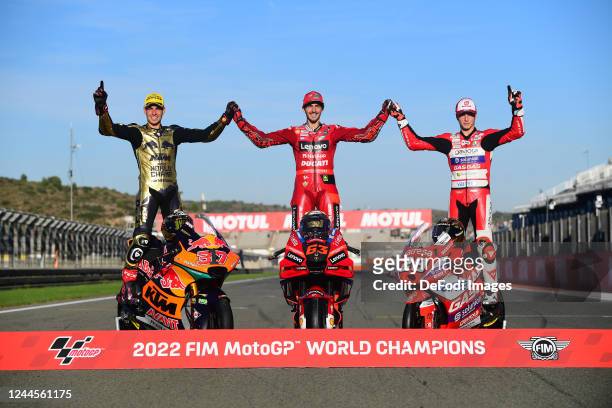Francesco Bagnaia of Ducati Lenovo Team celebrate winning of World Championship during after race of Gran Premio Motul de la Comunitat Valenciana in...