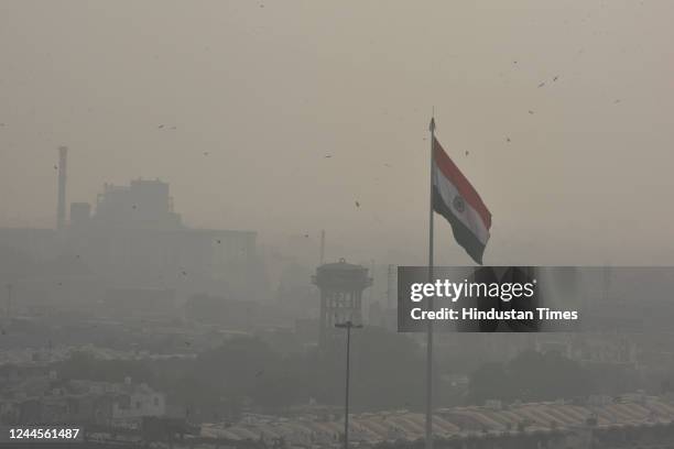 Layer of smog covered over the sky in evening hours due to air pollution, near NH 24, on November 6, 2022 in New Delhi, India.