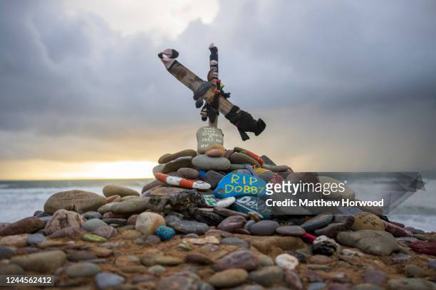 Memorial for Dobby, a fictional house elf from the Harry Potter fantasy novels and films, at Freshwater West beach on November 6, 2022 in...