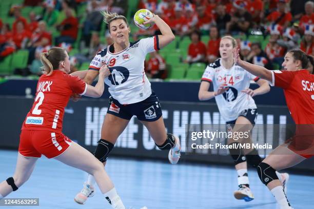 Nora Mork of Norway in acion during EHF European Women's Handball Championship match between Switzerland and Norway at Arena Stozice on November 6,...