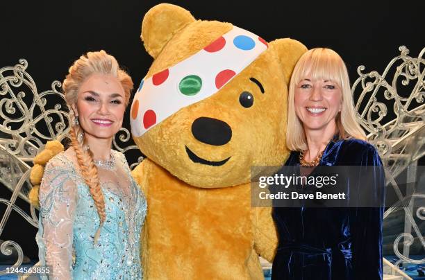 Samantha Barks as Elsa and Sara Cox pose with Pudsey the Bear at the Gala Performance of "Frozen The Musical" in aid of BBC Children In Need at the...