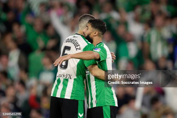 Nabil Fekir of Real Betis celebrates 1-0 with Guido Rodriguez of Real Betis during the La Liga Santander match between Real Betis Sevilla v Sevilla...