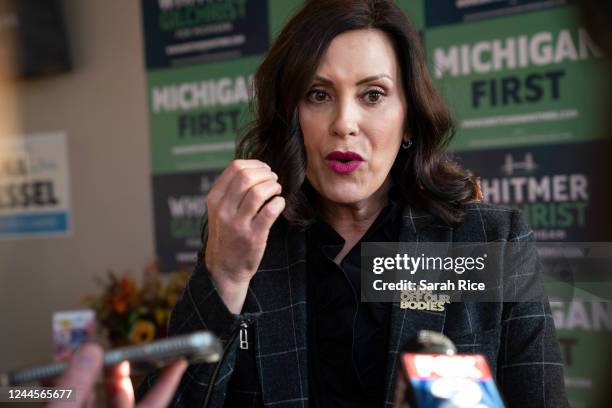 Michigan Governor Gretchen Whitmer takes questions from reporters after speaking at a rally at the Crofoot Ballroom on November 6, 2022 in Pontiac,...