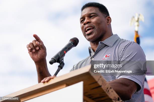 Herschel Walker, Republican candidate for U.S. Senate, speaks at a campaign event on November 6, 2022 in Hiram, Georgia. Recent polls have showed a...